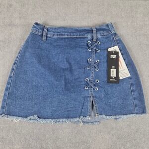 Madden NYC Denim Mini Skirt Womens XXS Blue New Lace Up Raw Hem Elastic Back